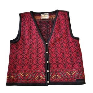 Dale of Norway Wool Vest Women's Red Black Nordic Fair Isle Button Front Size M
